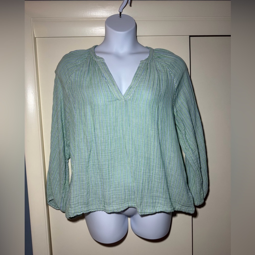 Green Blue Striped V-Neck Gauzie Peasant Top Long Sleeve size L